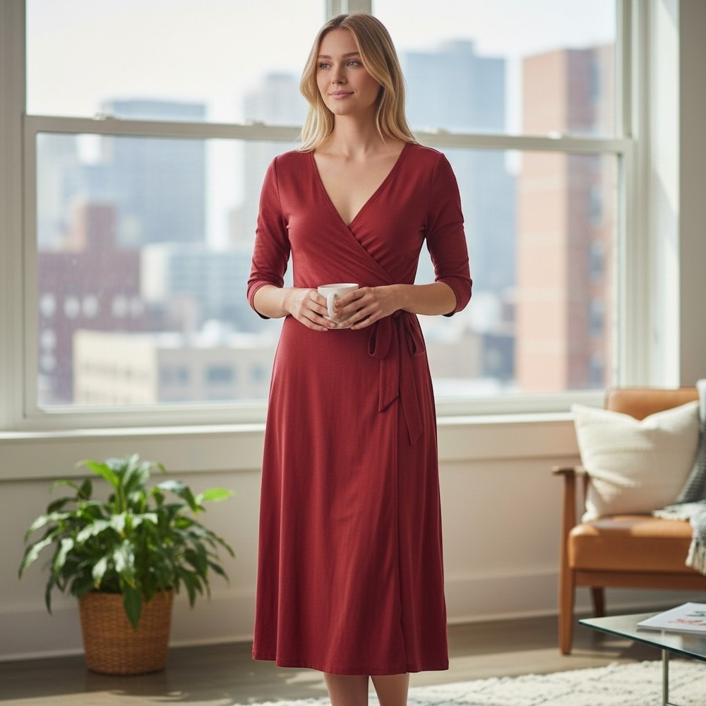 Soft Surroundings Red Faux Wrap Maxi Dress Medium Cotton Blend (B621)